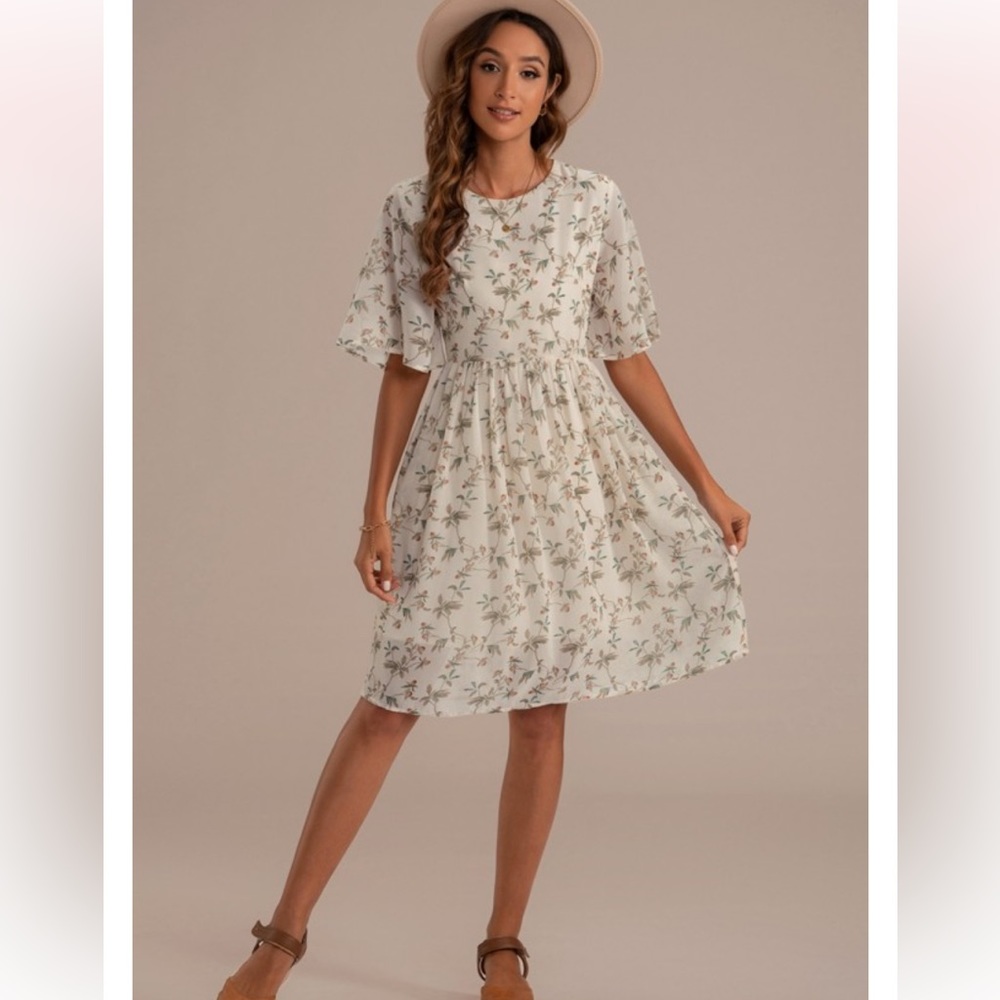 Floral Flowy Short Sleeve Round Neck Midi Dress